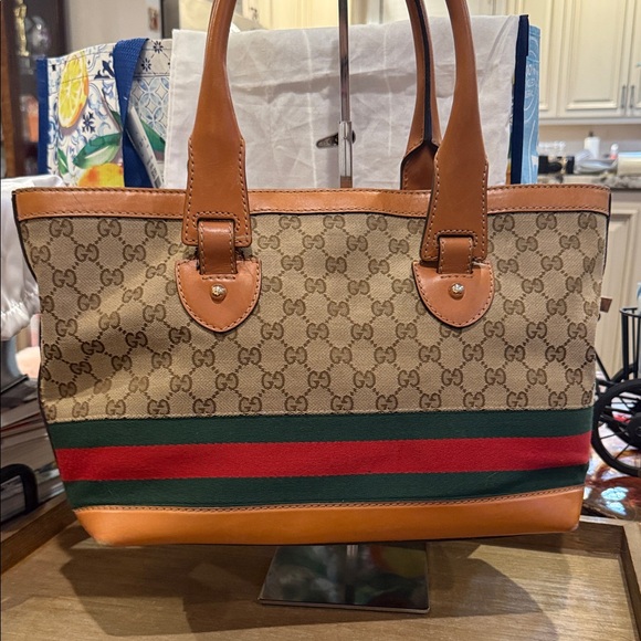 Gucci Beige and Brown Tote with Green and Red Stripes - Picture 3 of 5